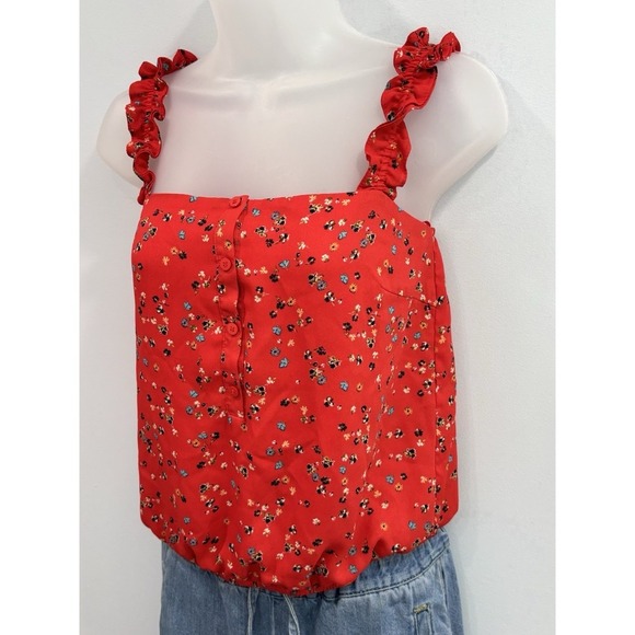 Aqua Red Floral Ruffle Strap Cami Tank Top Button Front XS Cottagecore - Picture 3 of 7